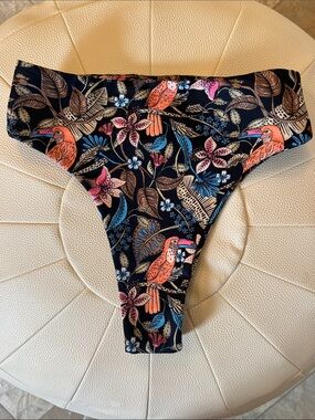Kavala Laie Floral Toucan High-Cut Bikini Bottom in Black and Coral